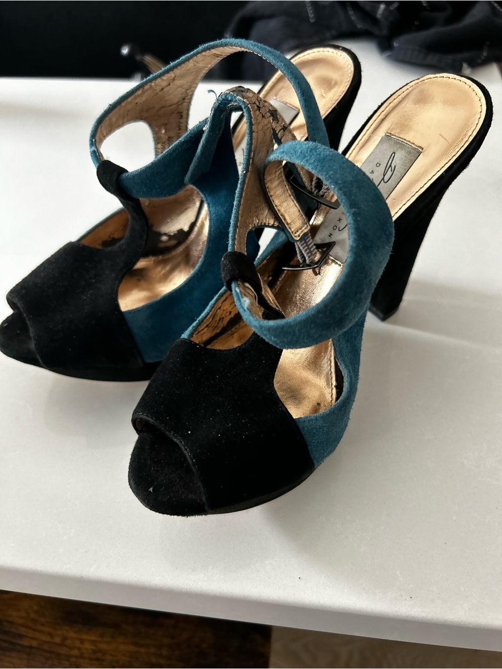 Suede Peep-Toe High Heel Sandals in Black and Teal